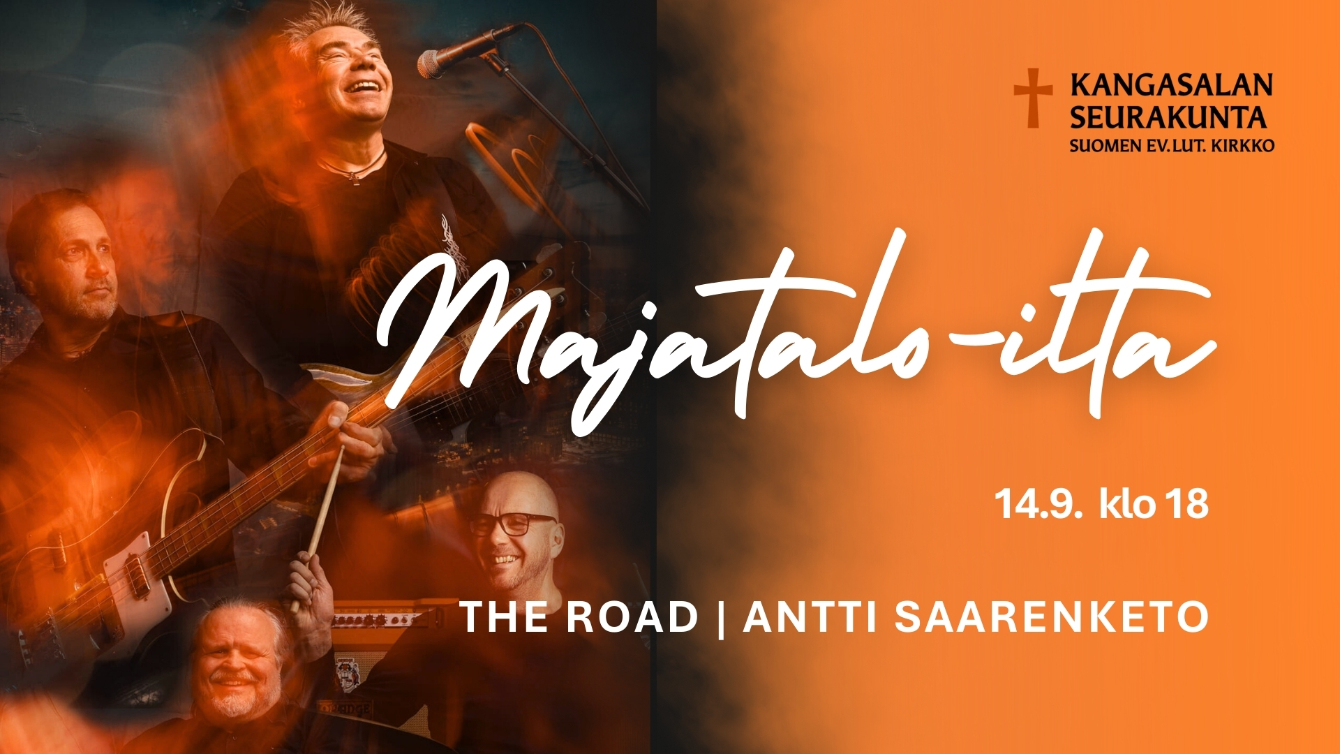 14.9. järjestettävän Majatalo-illan mainoskuva, jota koristaa The Road -yhtyeen muusikoiden kuvat soittimin...